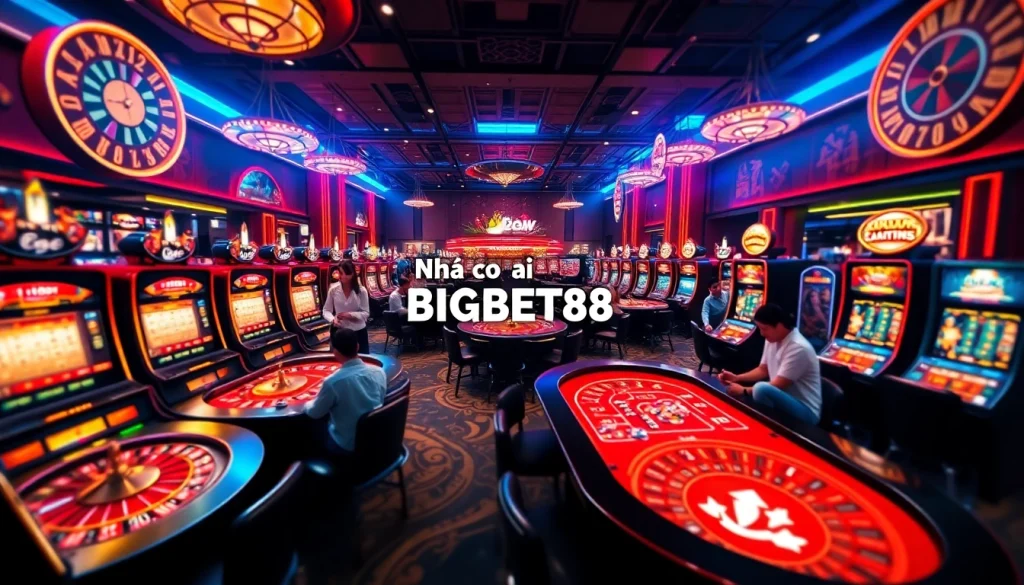 Experience the excitement at Nhà cái BIGBET88 with lively casino gameplay featuring poker chips and roulette wheels.