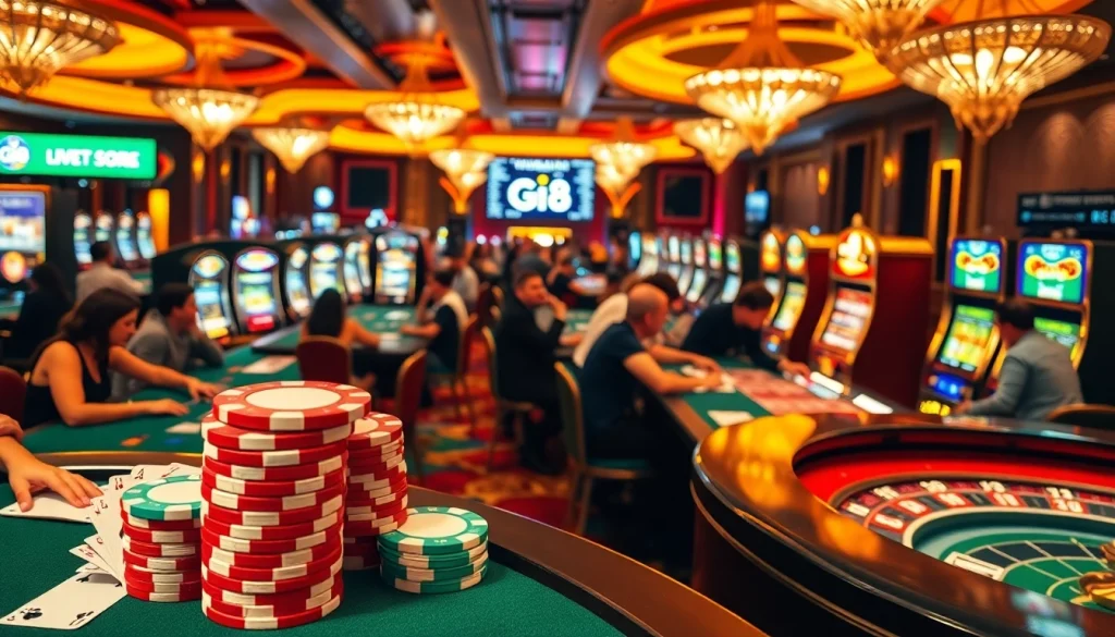 Gi8 offers a thrilling glimpse of poker chips and cards amidst an engaging casino scene.