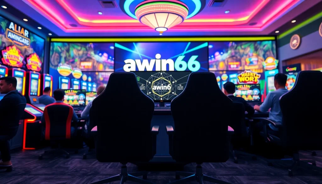 Awin66 gaming setup in a vibrant online casino environment, showcasing engaged players and bright neon colors.