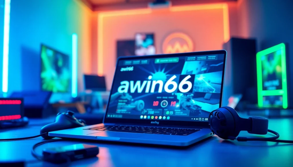 Engage with awin66 in a vibrant gaming setting featuring modern technology and colorful accessories.