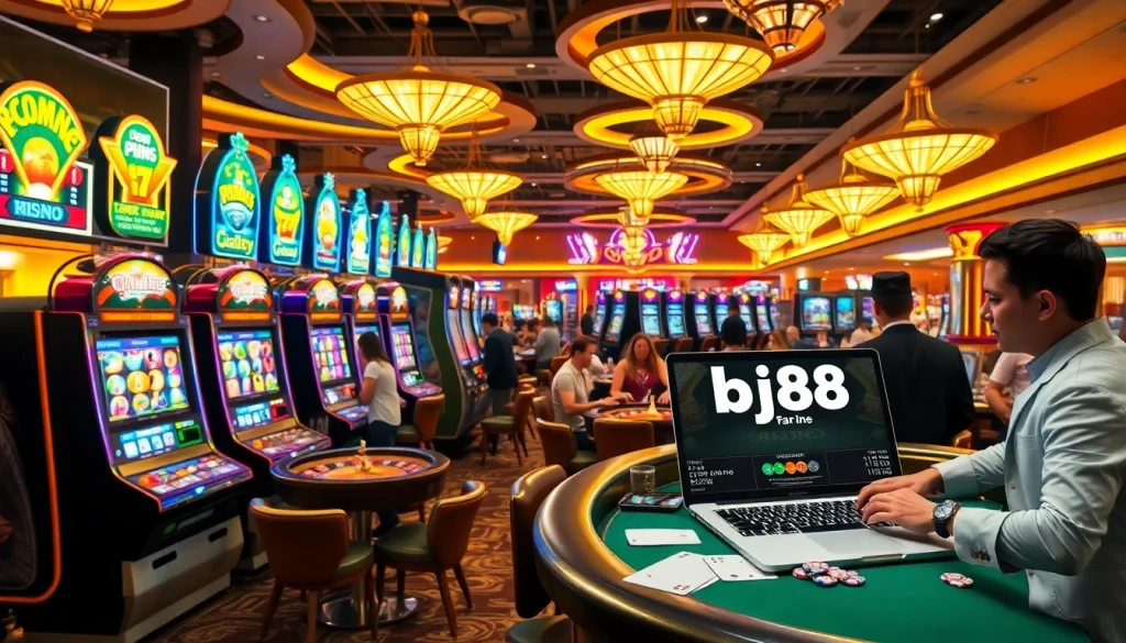 The thrilling casino scene at https://bj88.fans/ features colorful slot machines and eager players celebrating victories.