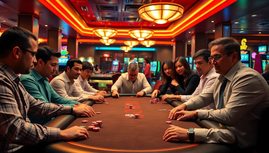 Experience the excitement of gaming at https://ok88b.com featuring diverse gamblers in a vibrant casino setting.