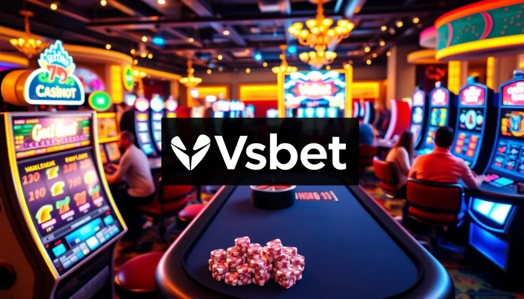 Vsbet casino scene featuring players at lively tables, slots, and rolling dice.