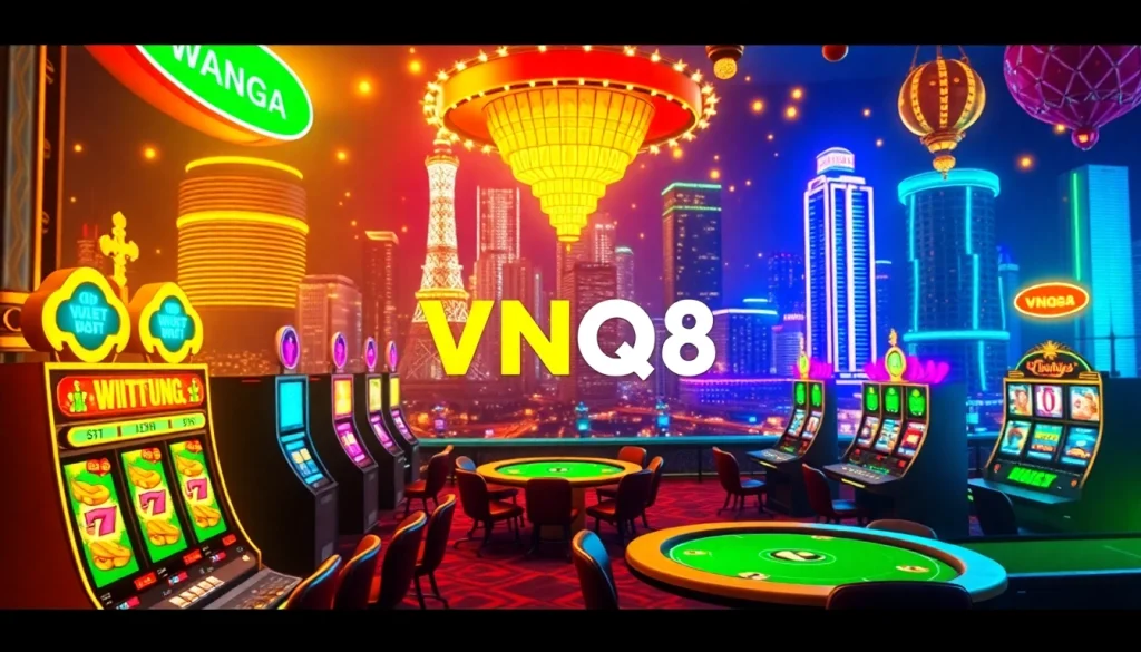 Engaging VNQ8 logo in a vibrant online gambling environment featuring casino games.