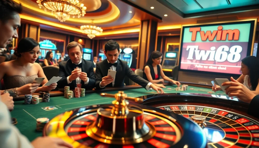 Twin68 casino scene featuring a vibrant roulette table, colorful chips, and excited players engaged in thrilling gambling action.