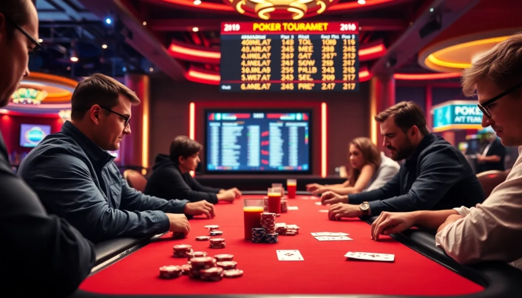 Play online poker at an engaging casino table with vibrant atmosphere and focused players.