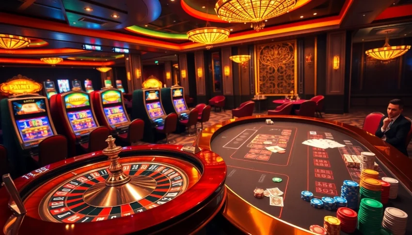Casino scene depicting an enticing roulette wheel and poker tables at 7mcn-vn.com, inviting players to enjoy thrilling bets.