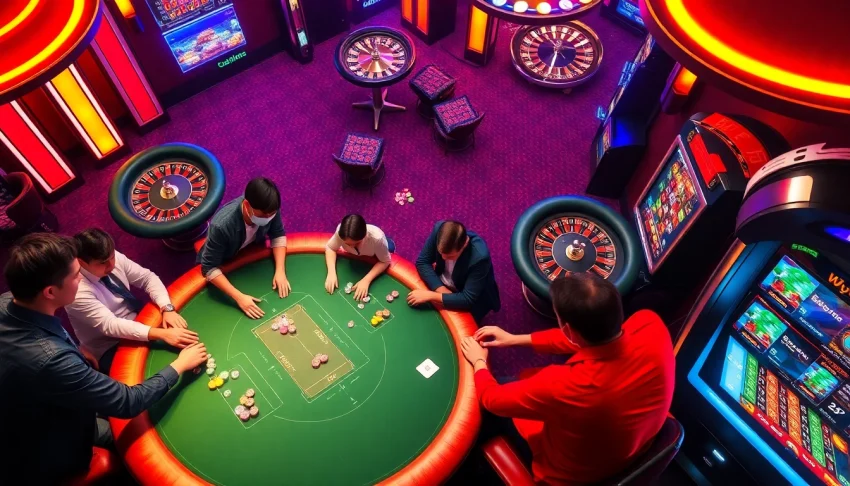 Experience the thrilling gaming action at w388v.com with vibrant tables and excited players at a live casino.