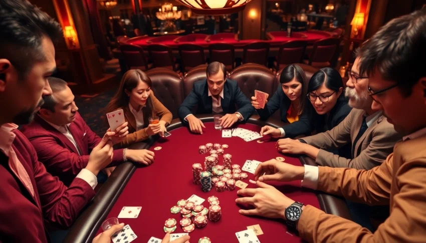 Intense poker action at a casino table highlighting keonhacai55.ws with colorful chips and alert players.