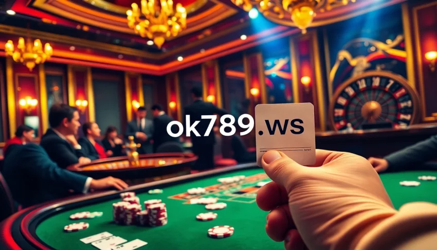 Experience the thrill of gambling at ok789.ws with players engaging at a poker table amidst an elegant casino backdrop.