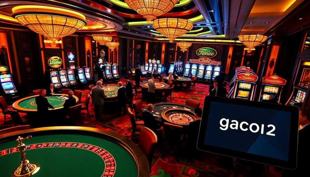 Exciting gambling action at a casino showcasing gacor123 on a tablet amidst roulette wheels and blackjack tables.