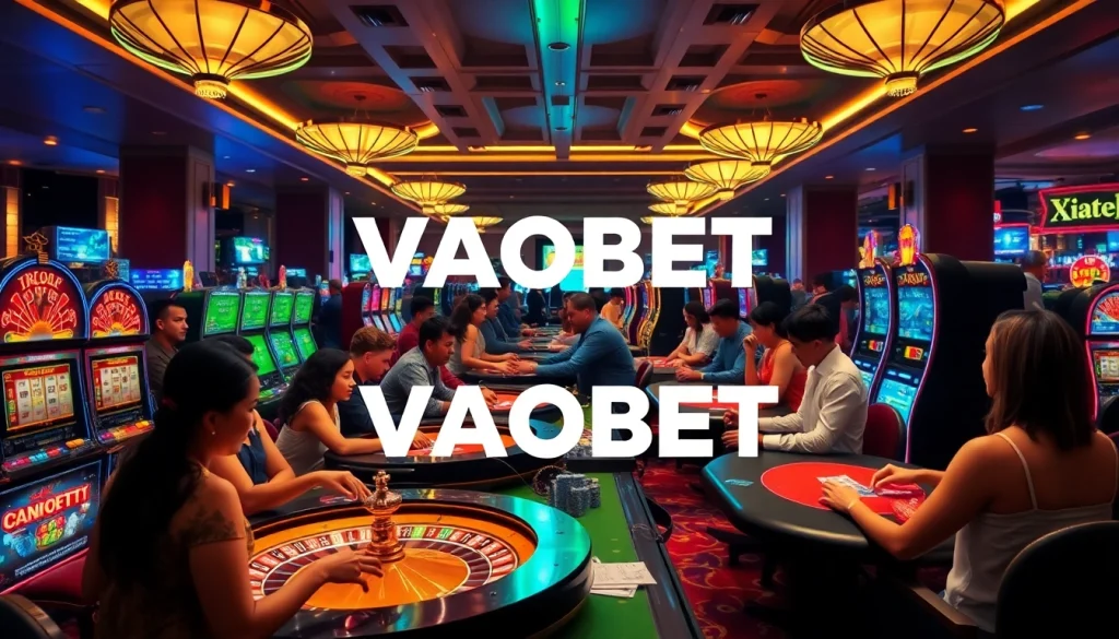 VAOBET offers a thrilling casino experience with players cheering at roulette and poker tables.