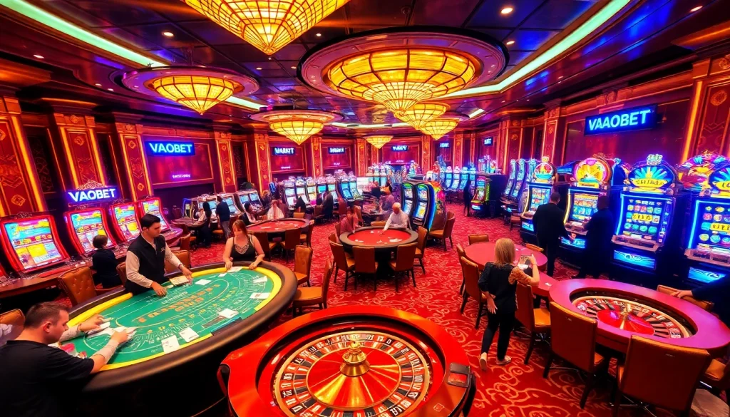 VAOBET casino scene showcasing vibrant tables, players, and spinning roulette for an exciting gambling experience.