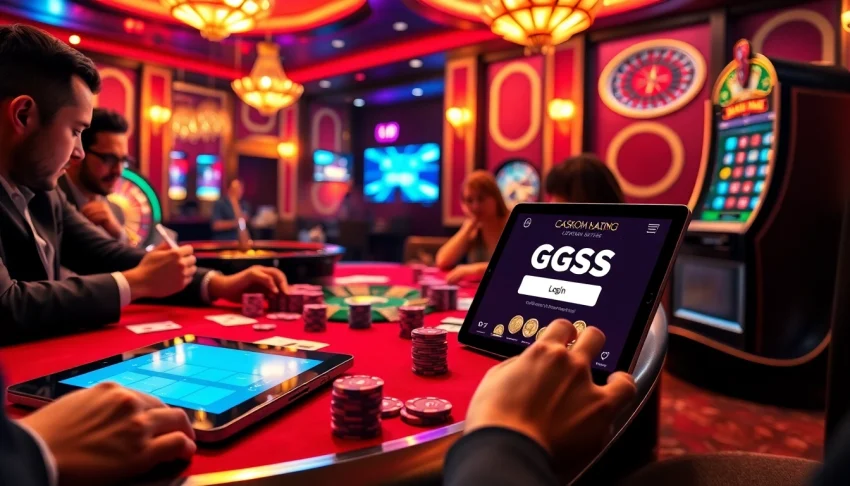 Experience the excitement of gambling with GGSS Login on display in a vibrant casino setting filled with players, cards, and chips.