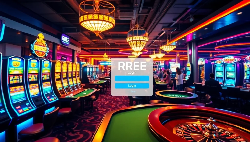 RREE Login interface at a lively casino with vibrant slot machines and poker tables.